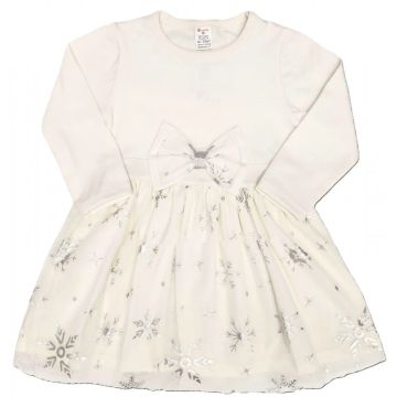 Детска Коледна рокля на сребристи снежинки 86-134 см. бял цвят
