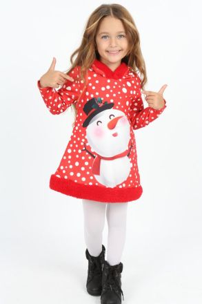 Коледна детска рокля в червено със снежен човек и качулка
