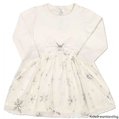 Детска Коледна рокля на сребристи снежинки 86-134 см. бял цвят