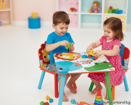 КОМПЛЕКТ ДЪРВЕНА МАСА Fisher Price (50X50X44CM) И 2 СТОЛОВА (26,5X26,5X50CM)