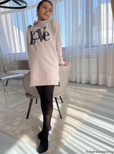 Рокля с качулка „Love“ - бежов