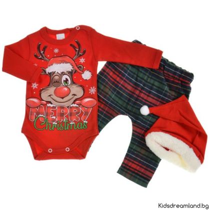 Коледен памучен бебешки комплект с надпис Merry Christmas в бяло, зелено и червено (3 части)