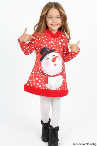 Коледна детска рокля в червено със снежен човек и качулка
