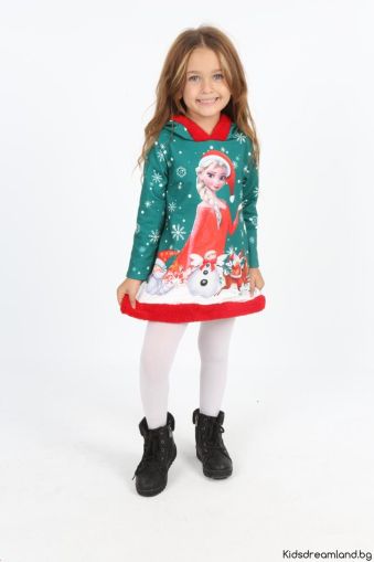 Коледна детска рокля в зелено с Елза и качулка