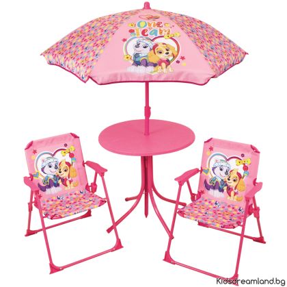 PAW Patrol Градински комплект Skye от 4 части - 2 стола + маса + чадър