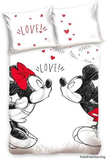 Mickey & Minnie Mouse Love, двустранно спално бельо, размери: 140 x 200 см, възглавница 70 x 90 см, 100% памук, черно/бяло