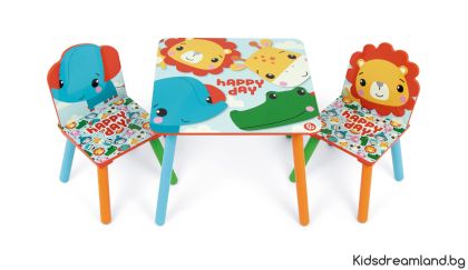 КОМПЛЕКТ ДЪРВЕНА МАСА Fisher Price (50X50X44CM) И 2 СТОЛОВА (26,5X26,5X50CM)