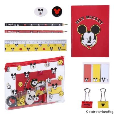 Комплект училищни канцеларски материали Disney Mickey Mouse с 1 прозрачна торбичка