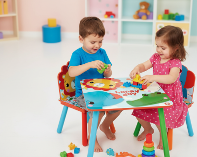 КОМПЛЕКТ ДЪРВЕНА МАСА Fisher Price (50X50X44CM) И 2 СТОЛОВА (26,5X26,5X50CM)