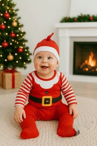 Бебешки коледен гащеризон в червено с райе и шапка в червено