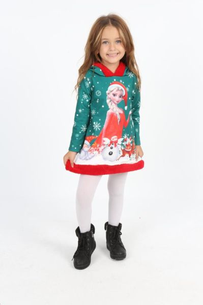 Коледна детска рокля в зелено с Елза и качулка