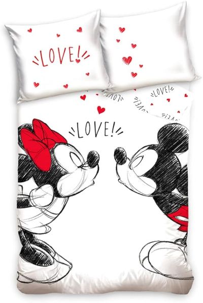 Mickey & Minnie Mouse Love, двустранно спално бельо, размери: 140 x 200 см, възглавница 70 x 90 см, 100% памук, черно/бяло