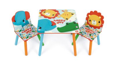 КОМПЛЕКТ ДЪРВЕНА МАСА Fisher Price (50X50X44CM) И 2 СТОЛОВА (26,5X26,5X50CM)